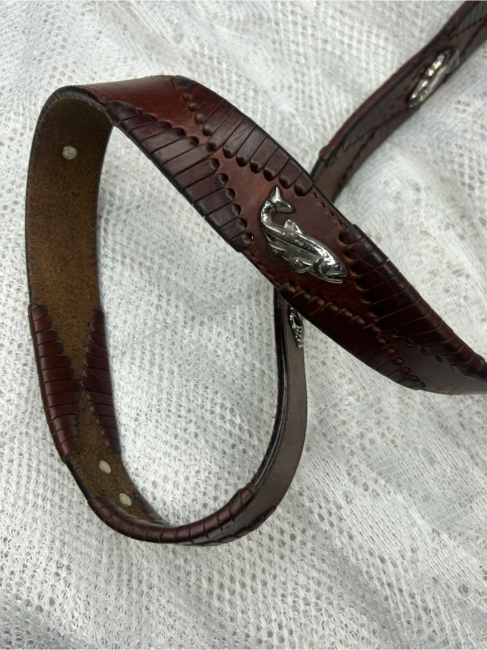Brighton men's brown leather belt with silver fish accents
